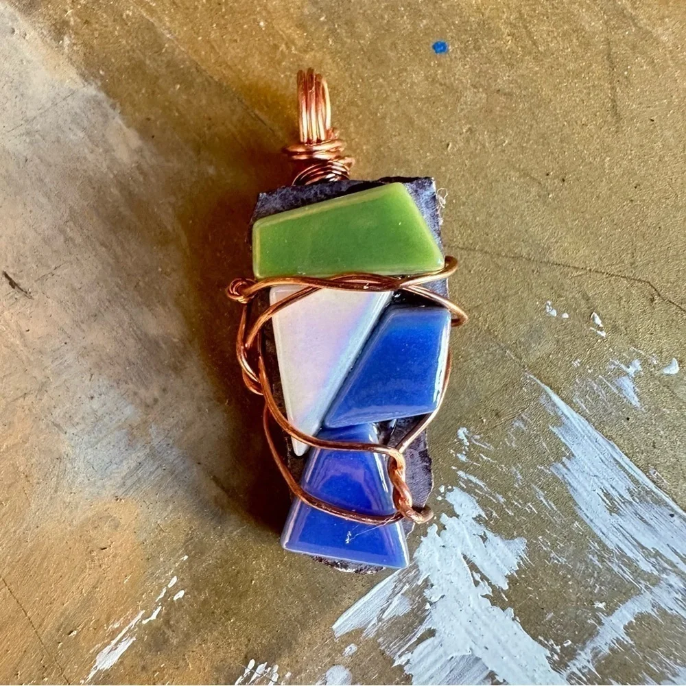 Collage Colorful Mosaic Pendant with Copper Wire